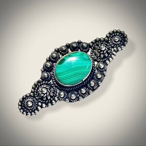 Antique Estate handmade sterling silver genuine Malachite Gemstone Brooch Pin
